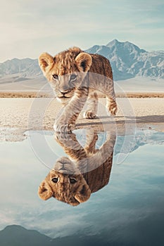 A lion cub curiously walks along the water edge photo