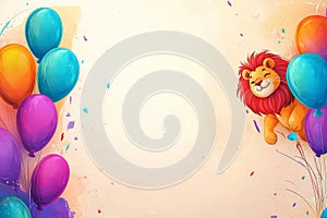 Lion cub jumping through a colorful balloon arrangement on a soft gradient background embodying vibrant energy and a festive at photo