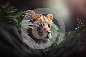 Lion cub in the jungle. Wildlife scene from wild nature. photo