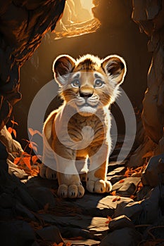 Lion cub king in cave. Baby illustration, AI Generative