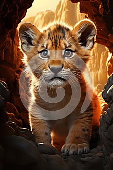 Lion cub king in cave. Baby illustration, AI Generative