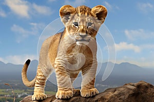 Lion cub standing on top of a rock looking at the camera