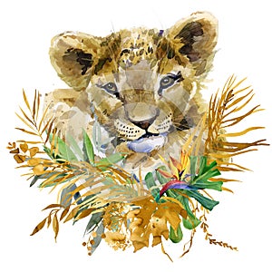 Lion cub watercolor illustration. Jungle wild animal