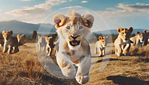 lion cubc portrait . young lions playing outdoor .ai generated