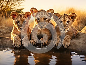 Lion cubs drinking water