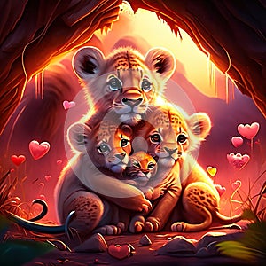 Lion Cubs hugging heart Lion family in the cave. Cute cartoon vector illustration. AI generated animal ai