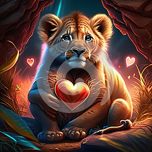Lion Cubs hugging heart Lion with a heart in the forest. Valentine\'s Day. AI generated animal ai