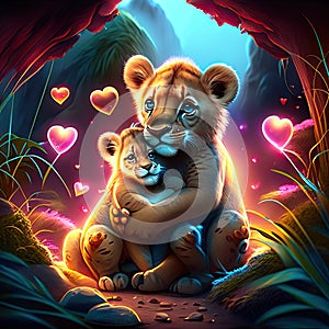 Lion Cubs hugging heart Valentine's day greeting card with tiger and lion cubs Generative AI animal ai