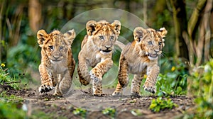 Lion cubs running toward camera