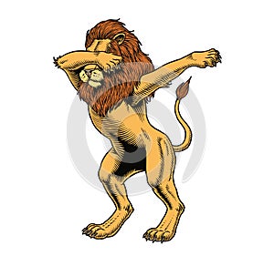 Lion dabbing on white background. Dab meme dance move. Comic style vector illustration.