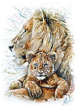 Lion Dad and Son watercolor painting