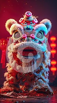 Lion dance costume performing in China, Lunar new year celebration. Generative AI