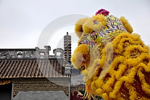Lion dance costume with traditional chinese house in the background.