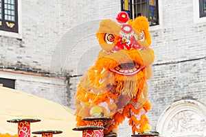 Lion Dance at Foshan Ancestral Temple(Zumiao Temple). a famous historic site in Foshan, Guangdong, China.