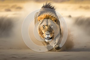The lion dashes through the blistering heat of the desert, its sleek body effortlessly gliding over the shifting sands. Generative