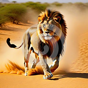 The lion dashes through the blistering heat of the its sleek effortlessly gliding over the shifting