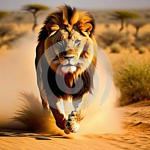 The lion dashes through the blistering heat of the its sleek effortlessly gliding over the shifting