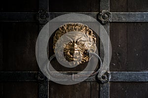 Lion door knocker on the wooden door