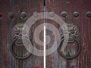 Lion doorknockers in Bulguksa temple in Gyeongju, South Korea