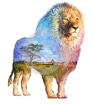 Lion double exposure illustration