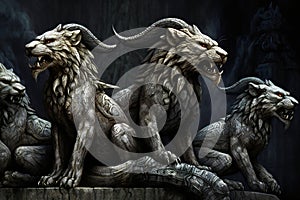 A lion and dragon sculpture on a dark background