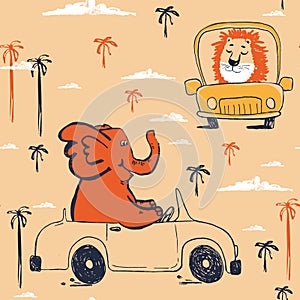 Lion and elephant car funny cool summer t-shirt seamless pattern. Road trip vacation print design.