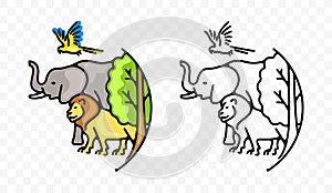 Lion, elephant, macaw parrot, tree and plant, bird and animals, graphic design