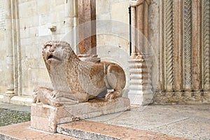 Lion and Facade at Cathedral Church Entrance, Modena