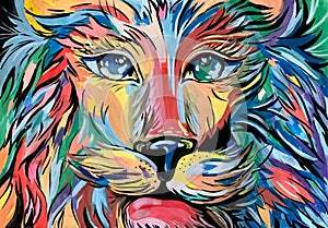 Lion face close-up. Bright drawing of a lion.