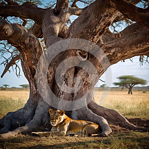 Lion Family Resting Under Baobab Tree in Serengeti Plains