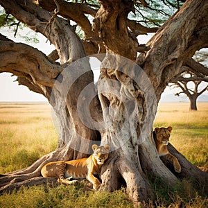 Lion Family Resting Under Baobab Tree in Serengeti Plains