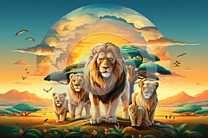 lion family on the savannah at sunset vector illustration