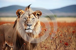 a lion in a field filled with gazelles