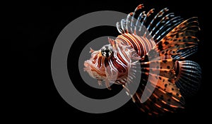 A lion fish swimming in the dark sea