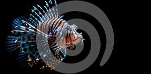 A lion fish swimming in the dark sea