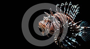 A lion fish swimming in the dark sea