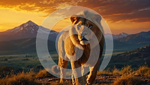 Lion in the forest. Lion King. high quality, 8K Ultra HD, Walking with lions in heaven, mountain, yellow sky, sunset, paradise