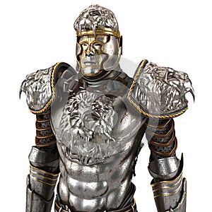 A lion full body armor suit isolated against white background. 3d illustration