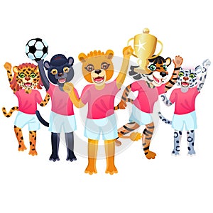 The lion girl with goblet, and the team of panther, tiger, snow leopard and jaguar is on the white background