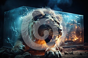 A lion grins at the cracked TV screen. Generated by artificial intelligence