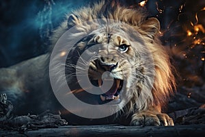 A lion grins at the TV screen. Generated by artificial intelligence