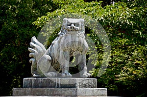 Lion guardian statue at Hokoku Shrine in Osaka Castle Park