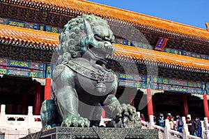 The lion guarding Taihemen in Forbidden City, Beijing, China