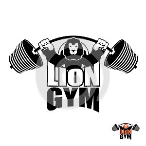 Lion Gym Logo. Angry leo strong athlete. Barbell and Aggressive