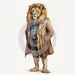 Vintage Watercolor Lion In Coat And Hat - Detailed Character Illustration photo