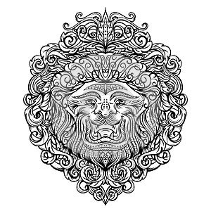 Lion Head with abstract ornament. Vintage tattoo art design, card, print, t-shirt, postcard, poster.