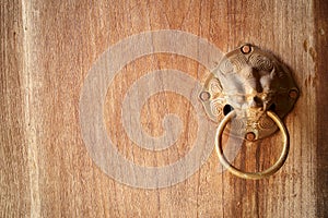 Lion head as a knocker metal handle on a old wooden door