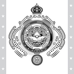 Lion head in center of round belt with line pattern. Heraldic vintage label