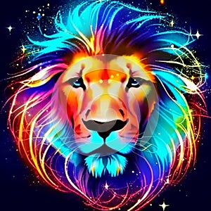 Lion head with colorful rainbow rays and stars. Vector illustration. Generative AI