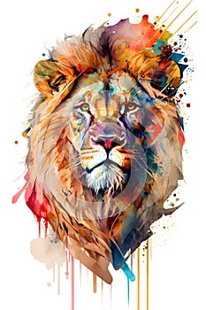Lion head with colorful splashes on white background, vector illustration